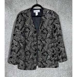 VTG Another Thyme Open Front Blazer Womens Sz 16 Black Velvet Iridescent Sparkle